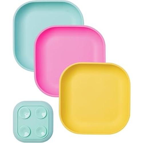 BABELIO Suction Plates for Baby and Toddler, 100% Food Grade Silicone, BPA Free, Dishwasher & Microwave Safe, with 4 Suction Cups, Stackable, 3 Pack