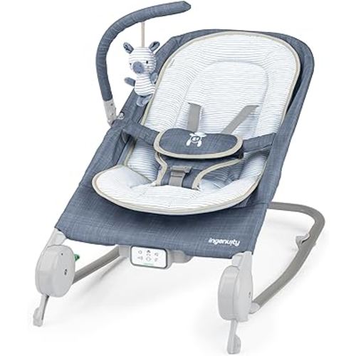 Ingenuity Gas Relief and Anti-Colic Baby Bouncer Seat and Rocker, Gentle Belly Message to Relax and Soothe Bellies, Instant Tummy Soother, 20 Songs and Melodies – Chambray Blue