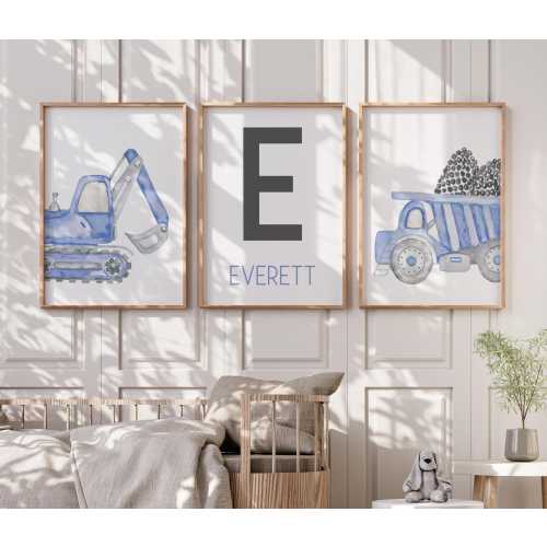 Construction Nursery Wall Art - Blue Gray Dump Truck Prints - Boys Room Decor  - Boys Bedroom Wall Art Prints
