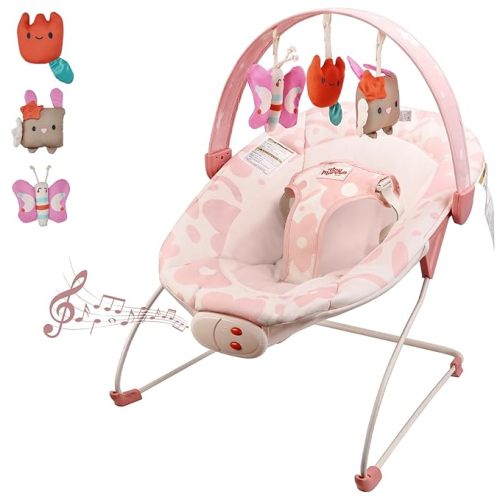 Baby Bouncer – Baby Bouncer seat, Infants Bouncy Seat with Music & Sensory Toys, Machine Washable Seat Pad Indoor Infant Seat, Ideal for Newborns 0-6 Months, 20lbs (Pink Floral)