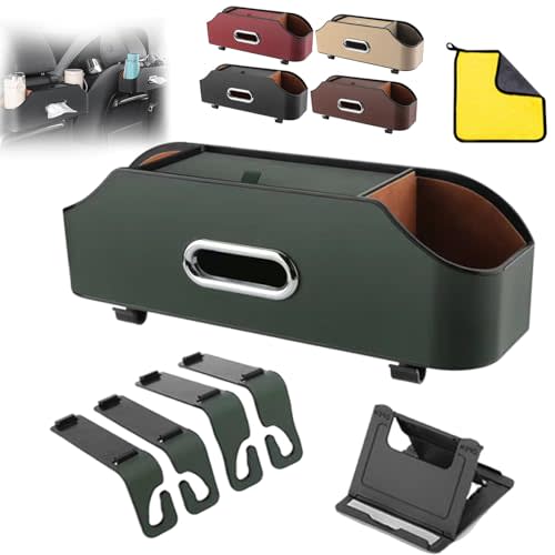 Car Organizers and Storage Box Multifunctional, 3-In-1 Car Backseat Organizer, Waterproof Leather, with Reinforced Straps, Tissue Box & Cup Holder, Strong & Durable, for Most Vehicles (Green)