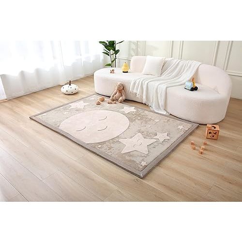 Hakuna Matte Premium Baby Playmat for Floor 60" x 80" Moon&Stars – Cloudsoft Coral Velvet Memory Foam Rug for Crawling – Non-Slip, Water-Resistant, Non-Toxic, Easy-Care, Thick Play Mat for Baby