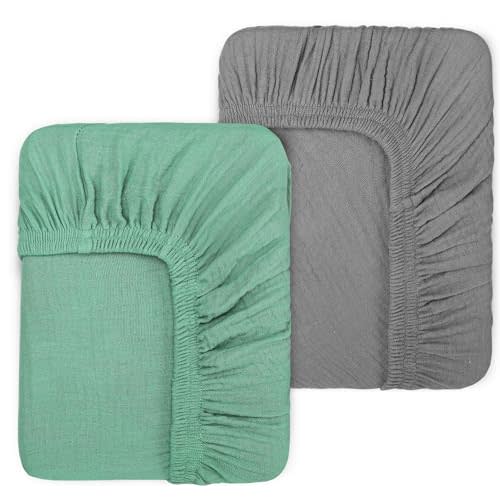 2 Pack Muslin Crib Sheets for Standard Crib Mattress 52" x 28", Green/Grey | 100% Cotton, Soft Breathable, for Baby Girls Boys, Deep Pockets (9’’) for Secure Fit