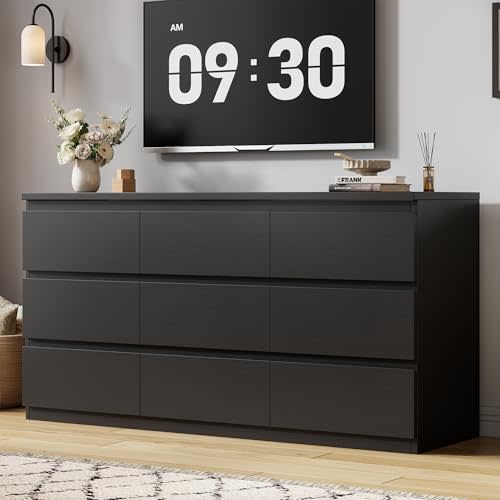 Jocoevol Modern Black 9 Drawer Dresser for Bedroom, Simply Chest of Drawers, Wood Storage Dresser with Deep Drawers for Living Room Hallway Entryway (Black)