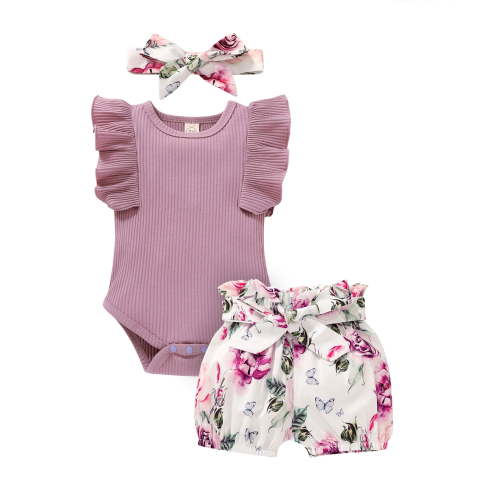 Younger Tree Baby Girl Summer Outfit Set, Ruffle Romper, Floral Shorts, Headband, 0-3 Months