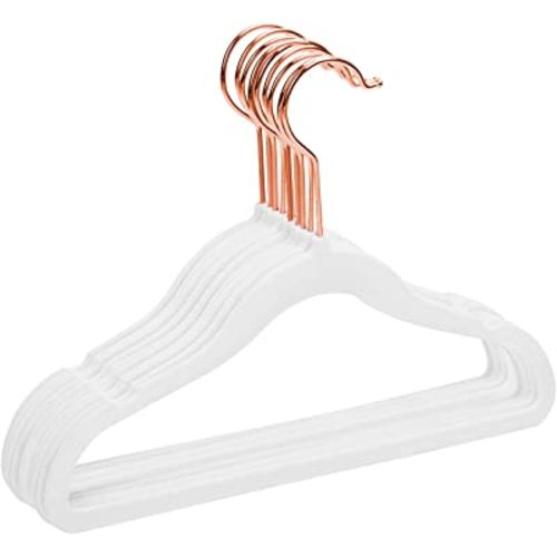 MIZGI Premium Kids Velvet Hangers (Pack of 50) with Copper/Rose Gold Hooks,Space Saving Ultra Thin,Non Slip Baby Hangers for Children's Skirt Dress Pants,Clothes Hangers(White)