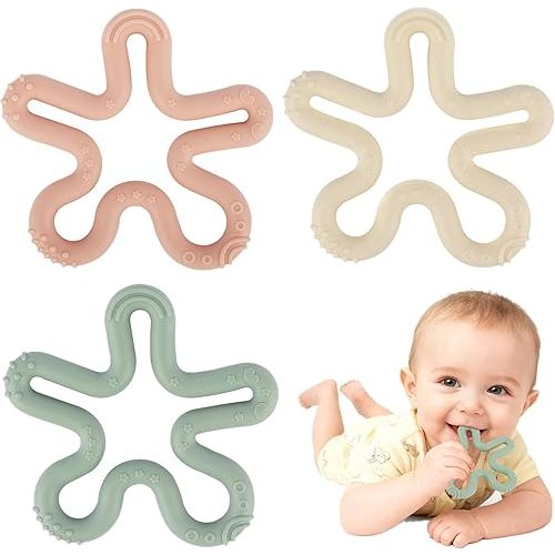 Fu Store 3 Pack Coral Flower Ring Teether Baby Teething Toys Silicone Teether Ring Toys for Babies 0-6 0-12 0-24 0-36 Months Easy to Grasp Clean Infant Teething Relief Soothing Sore Gums