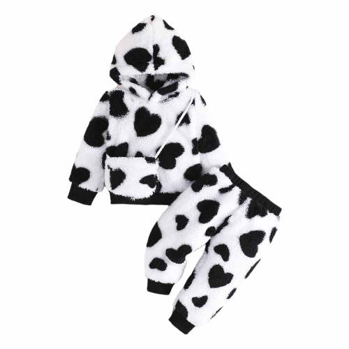 Baby Girl Outfits Winter Thickened Love Print Plush Long Sleeve Hooded Tops Pants Bag Baby Girl Clothes White 9 Months-12 Months