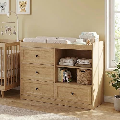 Baby Changing Table, Nursery Dresser with 4 Storage Drawers & Changing Table Top, Wooden Baby Diaper Changing Station, Adjustable Shelf & Curved Wrapping Corner-Design (Natural Wood)