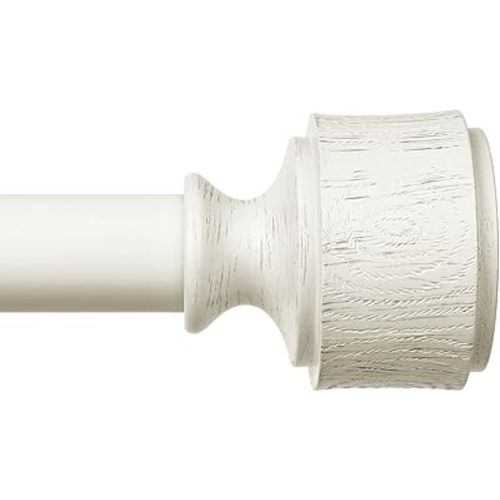 Antique White Wood Curtain Rod 36-91 Inch, Decorative Heavy Duty Curtain Rods for Windows, Adjustable Rustic Farmhouse 1 Inch Metal Drapery Pole with Faux Wood Antique White Finials