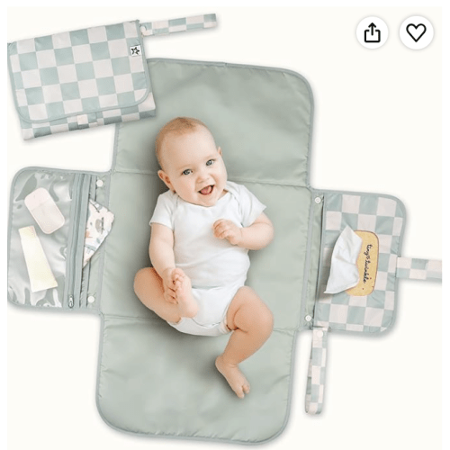 Tiny Twinkle Portable Diaper Changing Pad | Waterproof, Wipeable & Compact Baby Changing Pad for Travel | Smart Wipes Pocket & Organized Storage| Newborn Shower Gift (Sage Checkers)
