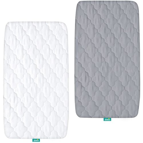 Bassinet Mattress Pad Cover Waterproof, Quilted Mattress Protector Sheets Fits All Mainstream Bassinet - Rectangle, Oval, Hourglass, 2 Pack, 17'' x 33'', Ultra Soft Breathable, White and Grey