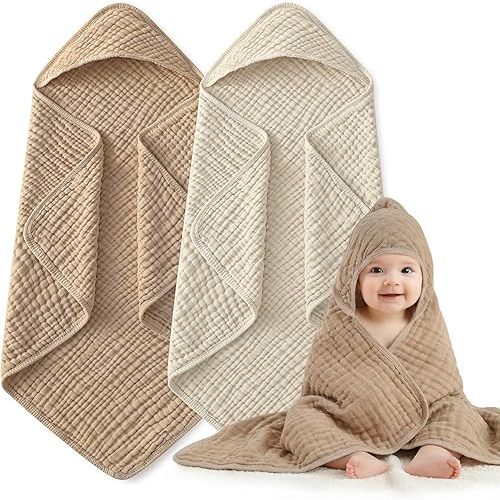 Hooded Baby Bath Towels for Newborn, 2 Pack - 6-Layer 100% Muslin Cotton, Soft Absorbent Baby Towels with Hood for Babies, Infants & Toddlers, Large 32x32 Inch Unisex Newborn Baby Bath Essentials