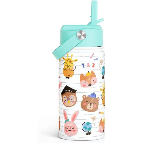 Animal Kids Water Bottle with Straw Lid 12oz Insulated Stainless Steel, Travel Tumbler, Gifts for Girls, Birthday, Christmas, Back to School