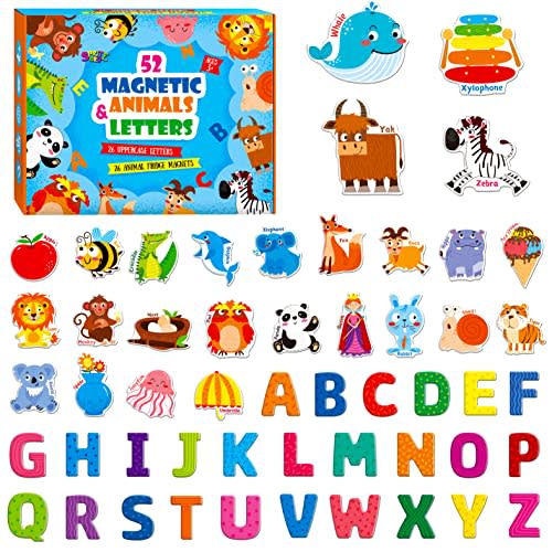 Large Magnetic Letters and Animals, Educational Learning Tool for Kids Word Recognition 52 Pieces Magnets Include 26 Colorful Alphabet Letters and Corresponding Cartoon Images