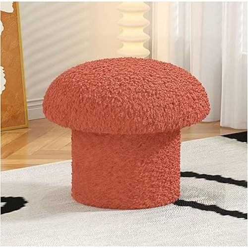 Mushroom Ottoman Stool, Cute Round Fuzzy Footrest for Living Room & Bedroom, Strong Firm Support up to 300lbs, Soft Comfortable Seat for Family, Modern White Ottoman Furniture (Red,35cm)