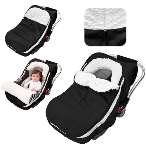 Winter Baby Carseat Cover, Warm Cozy Infant Car Seat Covers with Plush Lining for Cold Weather, Waterproof Carseat Canopy with Adjustable Collar, Universal Fit for Boys & Girls (Black)