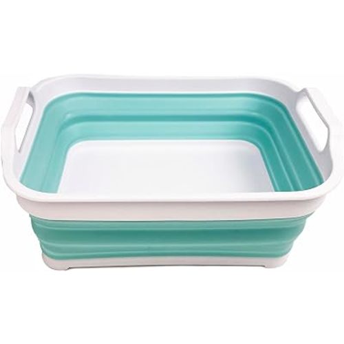 SAMMART 7L (1.85 Gallons) Collapsible Tub - Foldable Dishpan - Portable Washing Basin - Space Saving Plastic Sink Tub, Outdoor Kitchen Storage Tray (1, White/Lake Green)