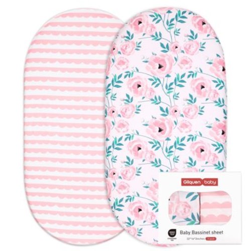 Gllquen Baby 2 Pack Bassinet Sheets Set Cozy Fitted for Newborn Baby Infant Boys Girls 32"X16", Rose Garden