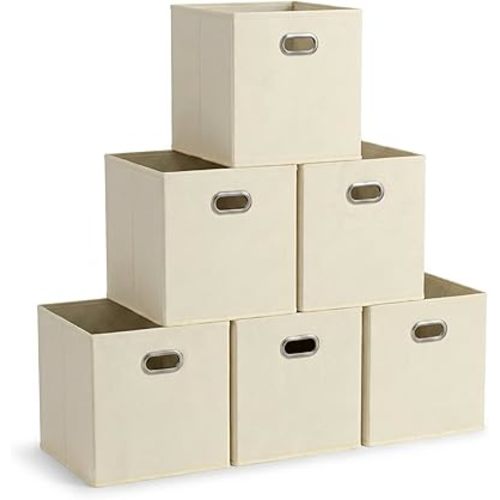 Fabric Storage Bins 6 Piece Set, Strong Poly-Woven Fabric, Sturdy Chipboard Sides, Grommet Front Handle, Stackable and Foldable, Classic Design, Cream