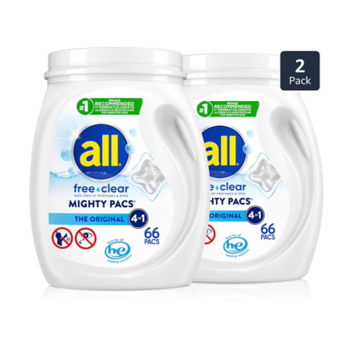 all Unit Dose Laundry Detergent, Mighty Pacs, Free Clear, 132 Count