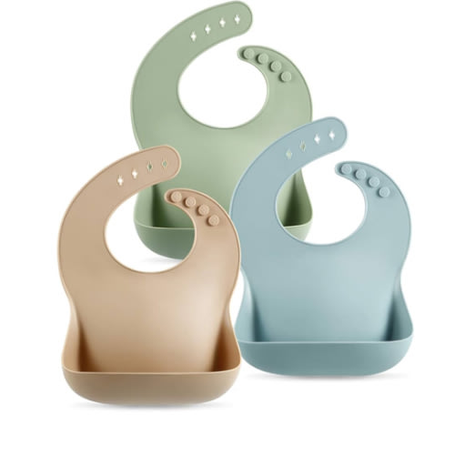 PandaEar Set of 3 Silicone Baby Bibs Waterproof, Soft, Unisex, 10-72 Months (Brown/Blue/Green)