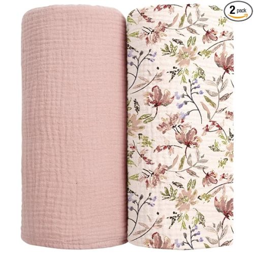 lulumoon Muslin Swaddle Blankets for Baby: Soft Cotton Newborn Receiving Blankets - Floral Print Nursery Gift Set for Baby Girls(Sand Flower)