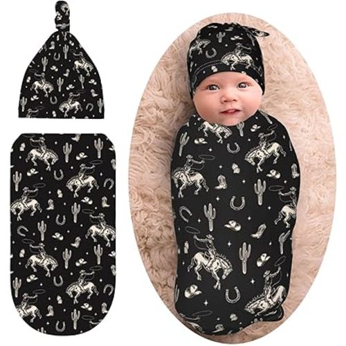 Newborn Baby Swaddle Blanket Baby Stuff Swaddling Blanket with Beanie Set Soft Sleeping Sack for Unisex Girls Boys