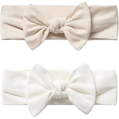 Baby Girl Headbands-Infant,Toddler Cotton Handmade Hairbands with Bows Child Hair Accessories (2, Light Beige- Soft White, 3-36 Month)