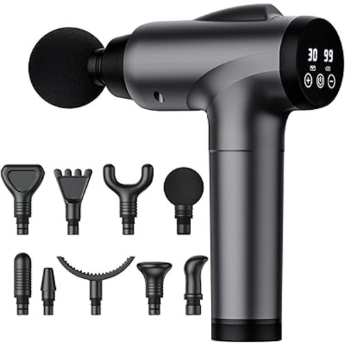 OLsky Massage Gun Deep Tissue, Handheld Electric Muscle Massager, High Intensity Percussion Massage Device for Pain Relief with 9 Attachments & 30 Speed(Grey)