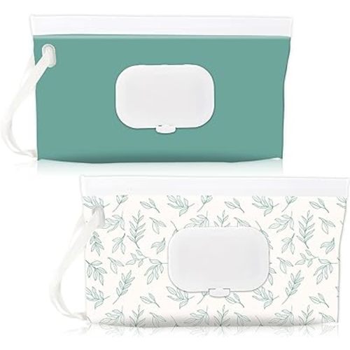 FEBSNOW 2 Pack Baby Wipes Dispenser Holder, Portable Refillable Baby Wet Wipes Pouch Container Reusable Travel Case for Outdoor Hiking, Blue Leaves