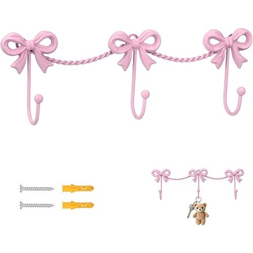 Pink Bow Hooks Bow Wall Hook, 3 Bow Knot Coat Hooks Metal Bowknot Towel Hooks Door Hanger Holder for Wedding Bathroom Bags Coats Hats Coffee Mugs Room Kitchen Decor (Pink)