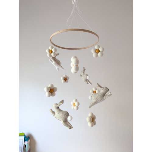 Daisy Bunny Crib Mobile, Needle Felted Nursery Decor