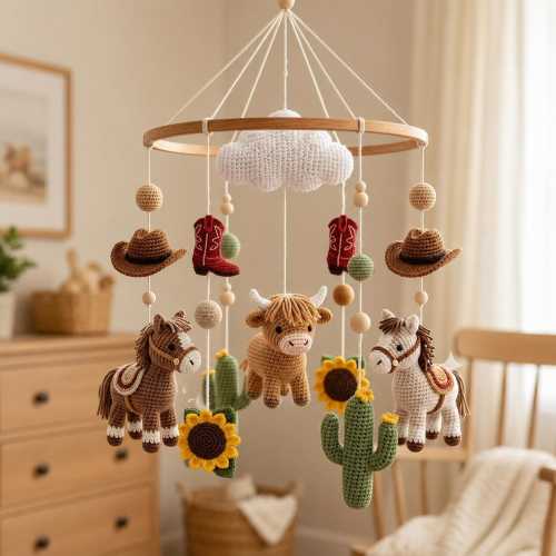 Handmade Cowboy Baby Mobile, Higland Cow & Horse Baby Mobile, Crochet Western Horse Mobile, Highland Cow Crib Mobile, Baby Shower Gift