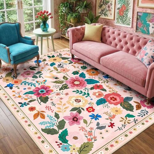 RELEANY Floral 5x7 Area Rug Machine Washable Soft Print Boho Carpet Non Slip Doormat Low Pile Flower Area Rugs for Living Room Bedroom Nursery Kitchen Dining Room Indoor-Pink