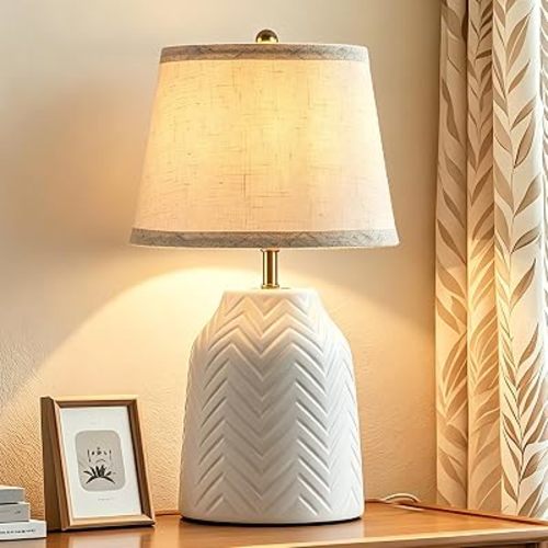 SOTTAE 14'' White Ceramic Table Lamp with Linen Fabric Shade, Leaf Patterned Ceramic Desk Lamp, Mid Century Modern Bedside Nightstand Lamp for Bedroom Living Room Reading Room