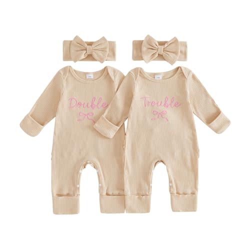 Newborn Baby Boy Girl Twins Matching Outfits Knit Romper Jumpsuit | Who's Who Owl Newborn Twins Baby Boy Girl Clothes, Long Sleeve Bodysuit with Mitten Cuffs, Twins Baby Boy Girl Fall Clothes