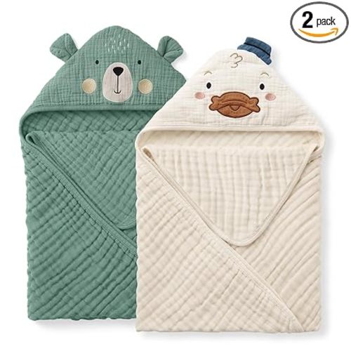 Blissful Diary Muslin Baby Hooded Towel 2 Pack, Soft & Absorbent Bath Towel for Infant, Toddler, Unisex, Baby Gift, Newborn Essentials, Bear & Duck