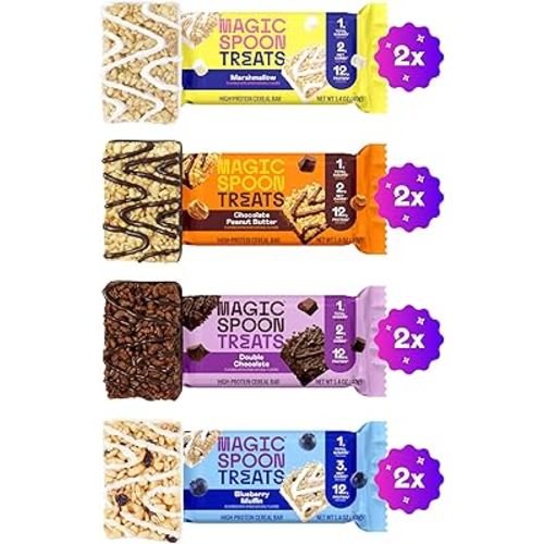 MAGIC SPOON Treats - High Protein Bars, Low Carb, Keto Friendly, Low Sugar, Crispy Cereal Bar, On-The-Go Healthy Snack (8 Bars, 2 each of Marshmallow, Chocolate PB, Blueberry Muffin, Double Chocolate)