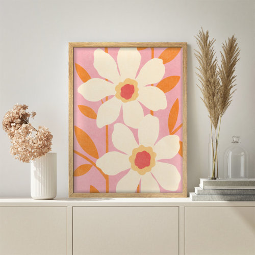 SIGNLEADER Retro Flower Framed Wall Art - Bold Pink and Orange Floral Print for Mid-Century or Boho Home Decor | Wayfair