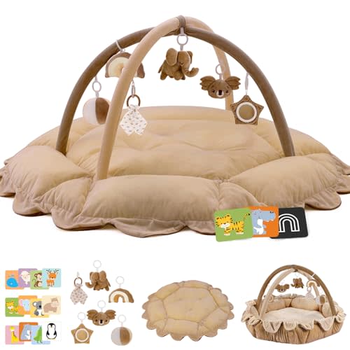 5-in-1 Baby Activity Gym & Play Mat with 6 Hanging Toys, Tummy Time Mat & Cards - Extra Large, Reversible Machine Washable Pad - Gift for Newborns, Infants 0-12 Months, Brown