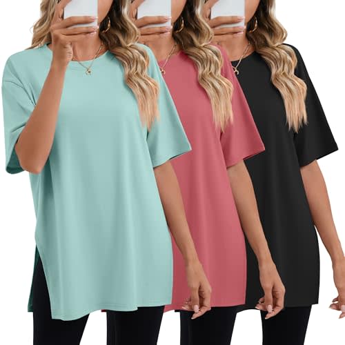 Huukeay 3 Pack Women's Oversized T Shirts Workout Tops | Loose Fit Long Shirts, Summer Baggy Gym Tees, Short Sleeves Crew Neck Side Split, Casual Plus Size Fashion Clothes