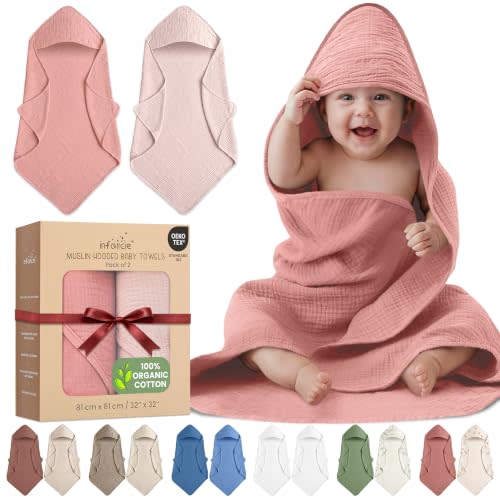 100% Organic Cotton 2 PK Muslin Baby Towels for Newborn 32x32 in | Oeko-TEX Certified, Bath & Hooded Towels, Toddler Bath Towel, Hooded Towels For Kids, Rose/Peach For Baby Girls