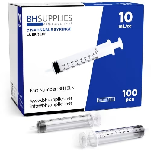 BH Supplies 10ml Luer Slip Tip Syringes No Needle - Sterile, Individually Wrapped - 100 Syringes