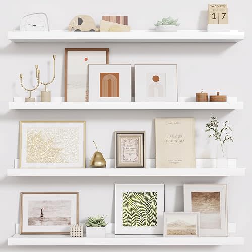 Fun Memories Picture Ledge Shelf - 30 Inches Floating Shelves Set of 4 - Nursery Bookshelves for Storage - Wood Bookshelf Wall Mounted for Bedroom - Living Room - Kitchen - White Color