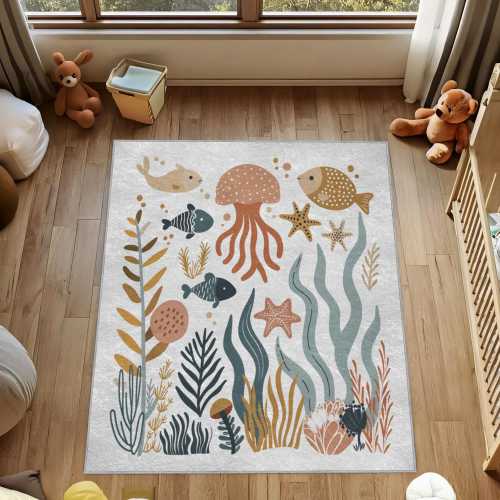 Sea Animal Nursery Rug: Coastal Ocean Theme (Machine Washable)