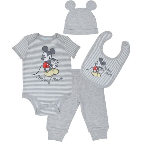 Disney Mickey Mouse Baby Bodysuit Pants Bib and Hat 4 Piece Outfit Set Newborn to Infant, Size: newborn