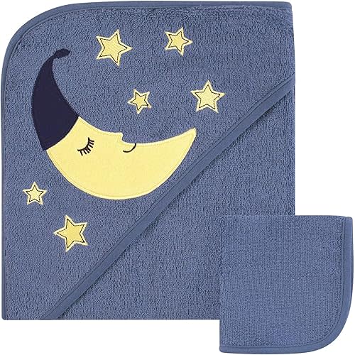 Hudson Baby Unisex Baby Cotton Hooded Towel and Washcloth, Moon, One Size