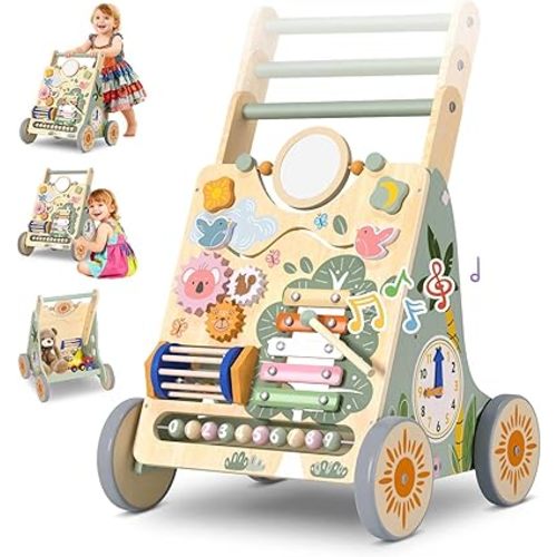 Wooden Baby Walker with Wheels, Baby Push Walker, Montessori Walker Toys for 6-12 Months Boys Girls, Baby Activity Center Push Toy with Sensory Toy, Christmas Birthday Gifts for Toddler
