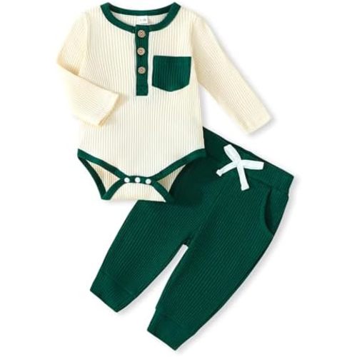 Newborn Baby Boy Clothes Ribbed Knit Cotton Long-Sleeved Romper Long Pants Splicing Color Fall Winter Outfits